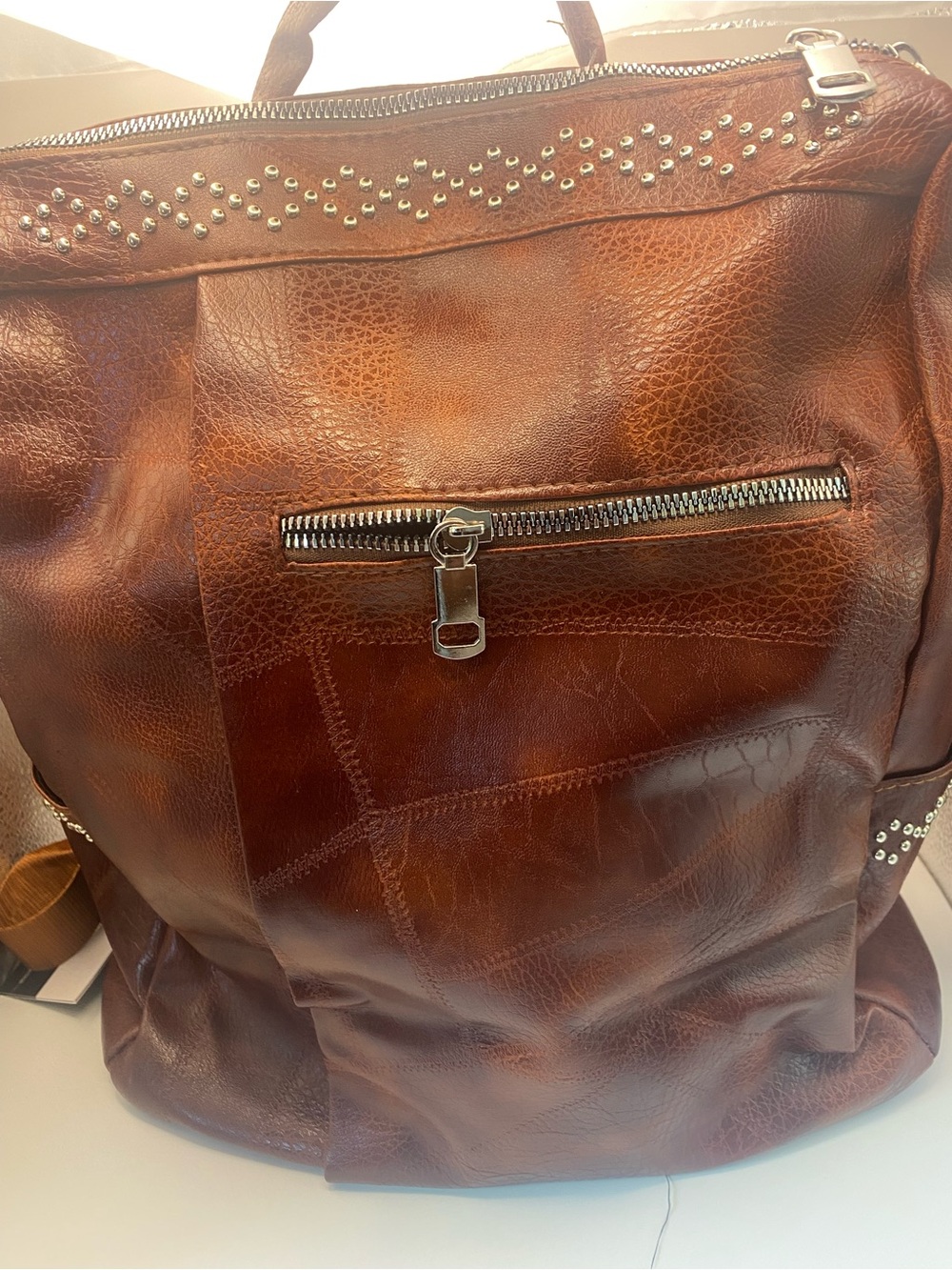 Women's Brown Faux-Leather Backpack with Stud Accent